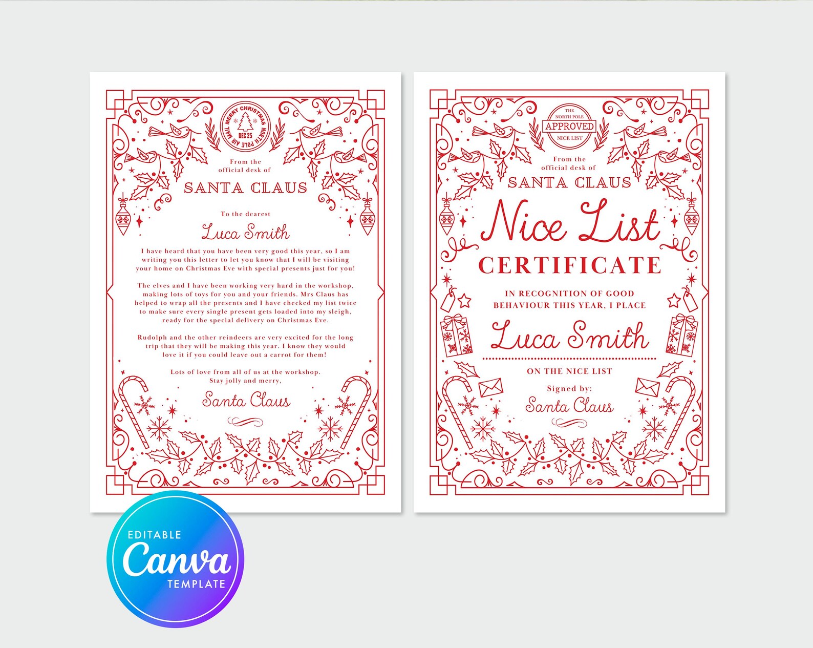 Instant Download Editable Santa Letter and Nice List Certificate ...