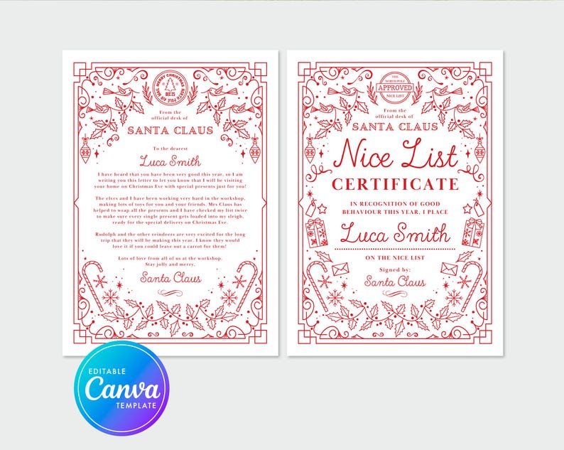 Instant Download Editable Santa Letter and Nice List Certificate ...