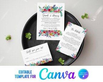 Canva Colourful Flowers Wedding Invitation, Floral Wedding Invite,  Colorful floral, Bright Flowers, Modern Wedding Invitation Template BC