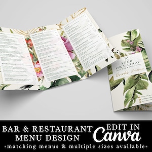 Diseño de menú de restaurante, menú verde, follaje, menú de restaurante floral, plantilla editable, plantilla Canva, menú de cafetería, menú de cócteles de bar