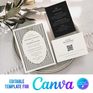 Wedding invitation set with black and white stripes and green details