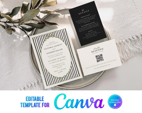 Canva Black and White Stripes Wedding Invitation, Green, Elegant Wedding Invite Template, Sage Green, Striped Invitation, Modern Invite, BWS