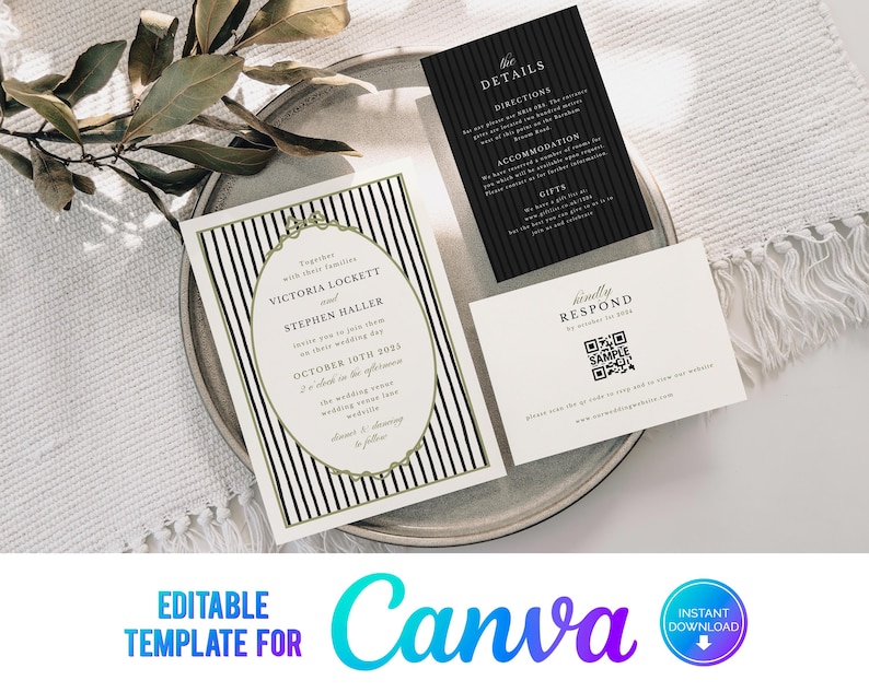 Wedding invitation set with black and white stripes and green details