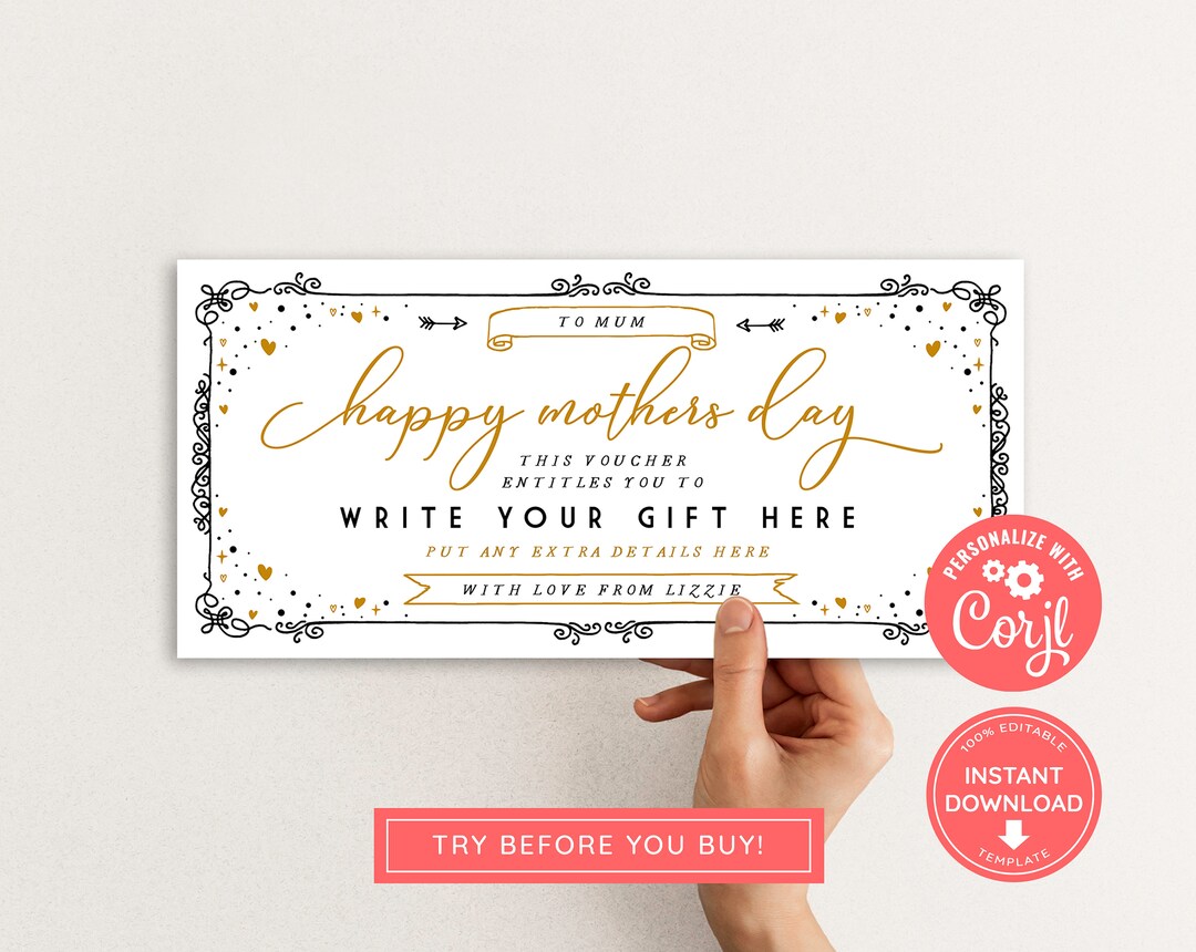 Editable Mother's Day Voucher, Event Golden Ticket, Print at Home