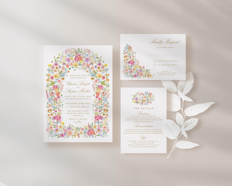 May include: A floral wedding invitation suite with a watercolor floral border. The invitation features the names "Sabrina Scott" and "Stephen Miller" and the wedding date "October 10th, 2023". The RSVP card includes a "Kindly Respond" heading and a space for guests to indicate their attendance.