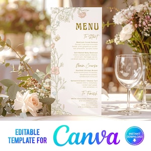 May include: A wedding menu card with floral illustrations and the word "MENU" at the top. The menu lists courses such as Beetroot Cured Salmon and White Chocolate Cheesecake. The Canva logo is at the bottom.
