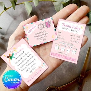 Mini juego de hada de los dientes para imprimir en color rosa con sobre, recibo y carta para el hada. Descarga instantánea y juego de hada de los dientes totalmente editable.