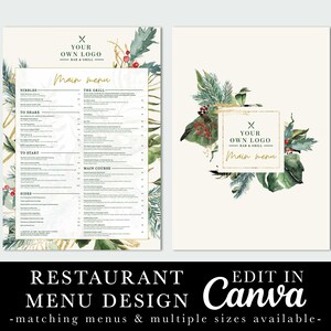 Diseño de menú navideño de restaurante, menú de vegetación invernal, follaje, plantilla editable, plantilla Canva, menú de cafetería, menú de cócteles de bar