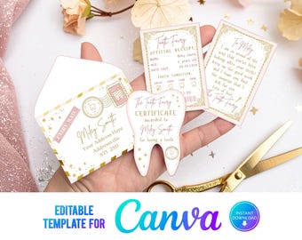 Canva, Printable Mini Tooth Fairy Set Pink with envelope, receipt and fairy letter, Instant Download and fully editable tooth fairy set