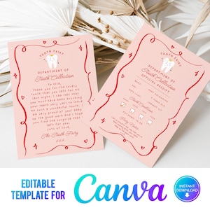 May include: Pink printable card with a tooth fairy theme. The card has a red border with hearts and the text "Tooth Fairy Department of Tooth Collection Official Receipt".
