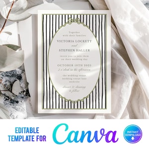 Op de afbeelding: Trouwkaart met een zwart-wit gestreepte rand en een ovale lijst. De uitnodiging bevat de namen Victoria Lockett en Stephen Haller, de trouwdatum, tijd en locatie. Het Canva-logo staat onderaan.