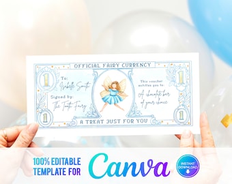 Canva Tooth Fairy Printable Voucher, Tooth Fairy Currency, Money from Tooth Fairy, Blue Tooth Fairy Gift, Receipt, Lost Tooth, First Tooth