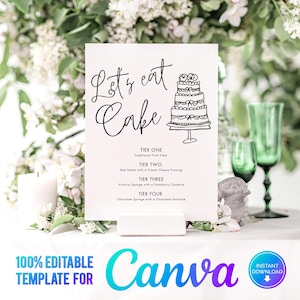 Canva ウェディング ケーキ メニュー、ケーキのフレーバー、ケーキ サイン、ウェディング サイン、印刷可能、ケーキを食べましょう、編集可能なウェディング メニュー、印刷可能なケーキ メニュー WD