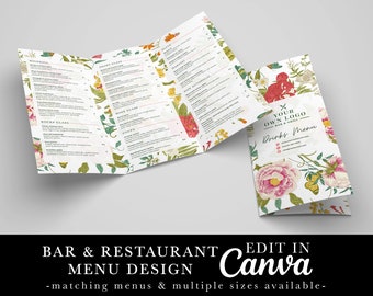 Diseño de menú de restaurante, menú de flores coloridas, follaje, menú floral, plantilla editable, plantilla Canva, menú de cafetería, menú de cócteles de bar, cafetería