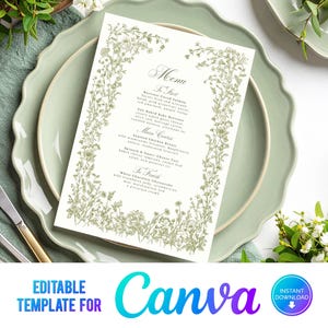 Menu de mariage verdure en toile, menu de mariage floral, fleurs sauvages, mariage élégant, modèle, vert sauge, dessiné à la main, menu de 5 x 7 pouces, CF