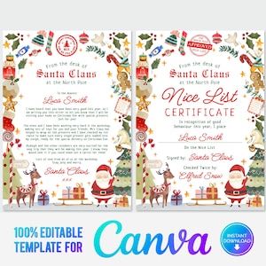 Canva, Carta do Papai Noel e Certificado da Lista Bonita, Carta Personalizada do Papai Noel, Modelo para Imprimir Carta do Papai Noel, Download Instantâneo Editável