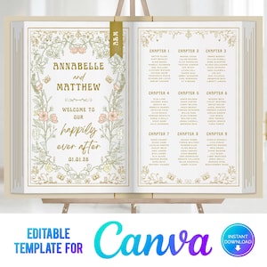 Canva Book Table Plan, Happily Ever After, Love Story, Book Wedding, Editable Template, Wedding Book Seating Chart, Art Nouveau, VB