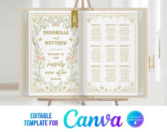 Canva Book Table Plan, Happily Ever After, Love Story, Book Wedding, Editable Template, Wedding Book Seating Chart, Art Nouveau, VB