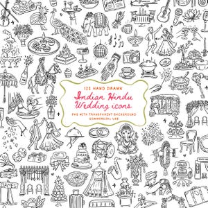 Pode incluir: Uma coleção de ilustrações desenhadas à mão em preto e branco retratando elementos de casamentos hindus indianos, incluindo um pavão, elefante, Ganesha, instrumentos musicais, comida, roupas e uma caixa de texto central 122 HAND DRAWN Indian Hindu Wedding icons.