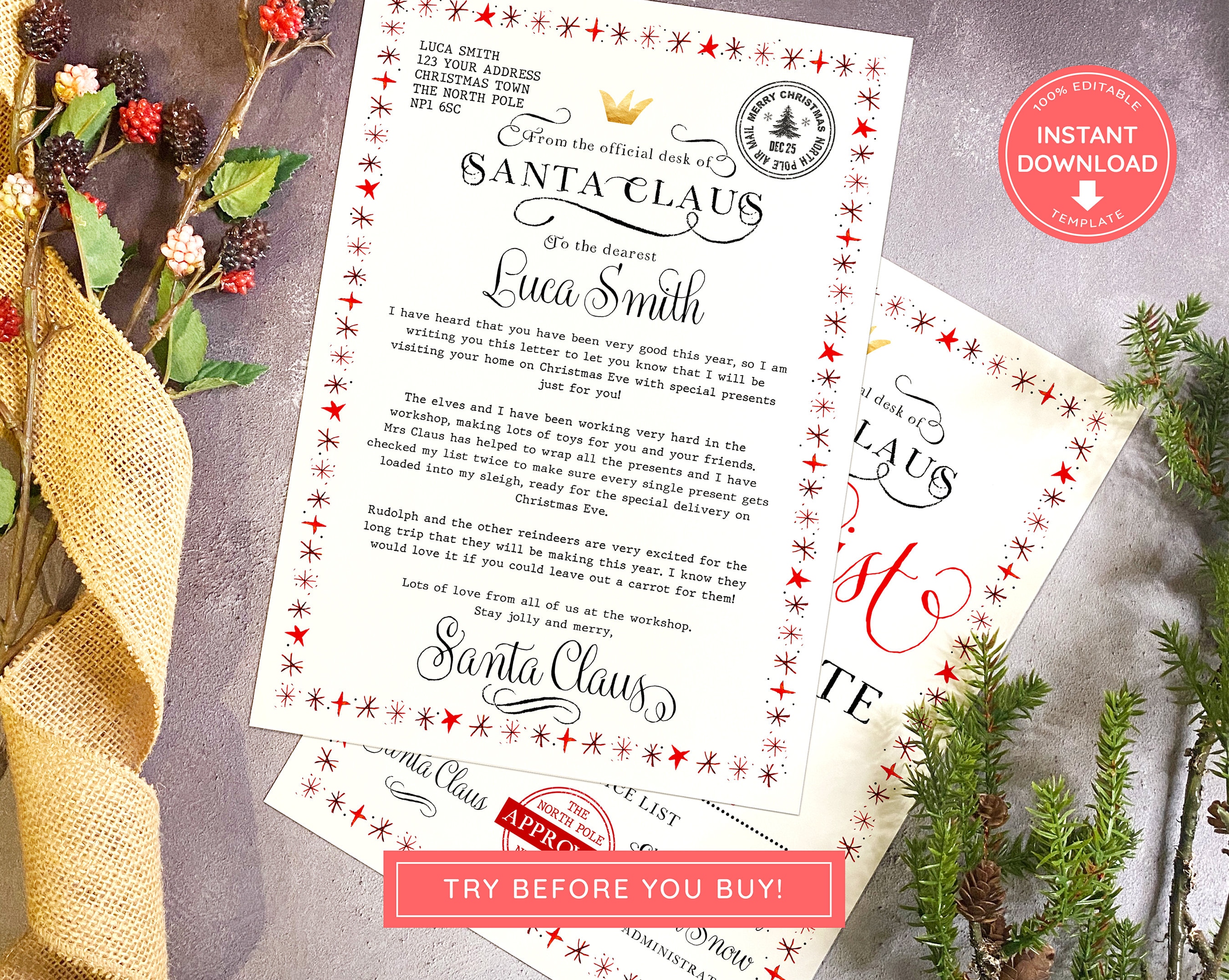Instant Download Editable Santa Letter and Nice List - Etsy UK