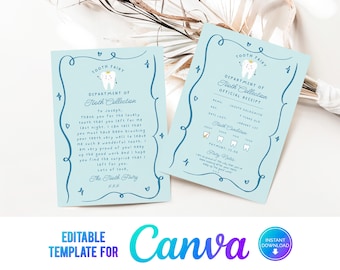 Canva, Printable Tooth Fairy Blue, receipt and fairy letter, Instant Download, Editable tooth fairy, Boy Tooth Fairy Letter, Certificate