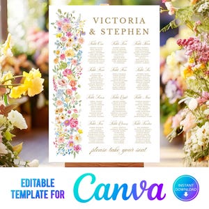Canva stoelenkaart bruiloft met kleurrijke bloemen, tafelplattegrond met bloemen, sjabloon voor bruiloft met felle bloemen, zomertuin, kleurrijke bruiloft, SF