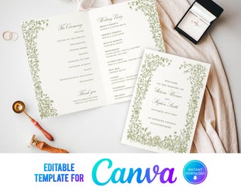 Canva Greenery Folded Wedding Program, Floral Wedding, WildFlowers, Elegant Wedding, Template, Sage Green, Order of Service Booklet CF