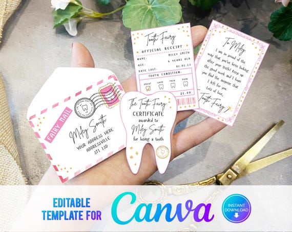 Canva, Printable Mini Tooth Fairy Set Pink with envelope, receipt and fairy letter, Instant Download and fully editable tooth fairy set