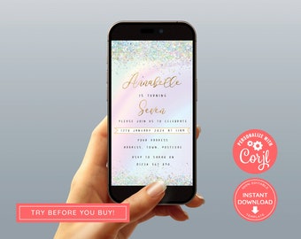 May include: A digital invitation for a 7th birthday party with a glittery background. The invitation says "Annabelle is turning Seven" and includes the date, time, and RSVP information.