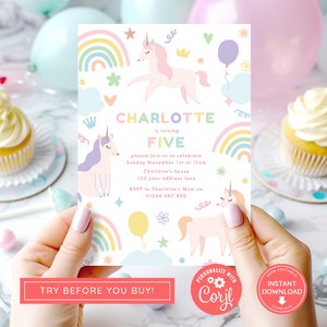 Unicorns Birthday Party Invitation, Pastel Birthday Girl Invite, Unicorn Princess, Magical, Rainbow Girl Party, Print at home Digital