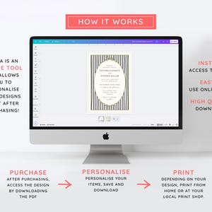 Puede incluir: Un monitor de computadora muestra un dise&ntilde;o de invitaci&oacute;n de boda con un fondo a rayas blancas y negras y un marco ovalado. El texto en la pantalla dice "HOW IT WORKS", "CANVA IS AN ONLINE TOOL" y "INSTANT ACCESS TO ITEMS".