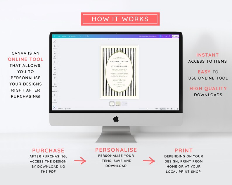 Puede incluir: Un monitor de computadora muestra un dise&ntilde;o de invitaci&oacute;n de boda con un fondo a rayas blancas y negras y un marco ovalado. El texto en la pantalla dice "HOW IT WORKS", "CANVA IS AN ONLINE TOOL" y "INSTANT ACCESS TO ITEMS".