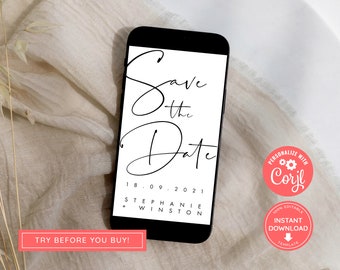 Minimal Script Phone Save The Date, Electronic Template, Save The Date Ecard, Electronic Save the Date, Evite,Black and White, Modern, MS