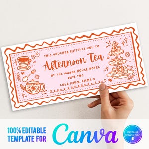 Canva Bearbeitbarer Nachmittagstee-Gutschein, Print at Home Ticket, Digitaler Geschenkgutschein, Nachmittagstee-Geschenk, Geschenkgutschein druckbar, Last Minute