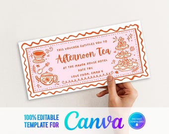 Canva Editable Afternoon Tea Voucher, Print at Home Ticket, Digital Gift Voucher, Afternoon Tea Gift, Gift Voucher Printable, Last Minute