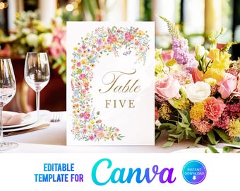 Floral Wedding Table Number Template: Colorful Flowers (Canva)