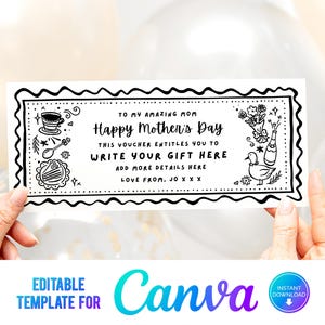 Bon modifiable Canva pour la fête des mères, billet à imprimer à la maison, bon cadeau numérique, cadeau pour maman, anniversaire de maman, bon cadeau imprimable, dernière minute