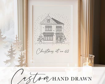 Christmas House Hand Drawn Sketch, Digital File, Home Drawing, Custom Gift Illustration, Christmas Card Bespoke, Hand drawn line drawing
