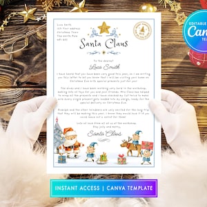 Carta de Papá Noel editable y certificado de lista de buenos deseos con descarga instantánea, carta personalizada de Papá Noel, carta de elfo, Canva, imprimible