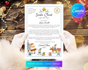 May include: A printable letter from Santa Claus to a child named Luca Smith. The letter is decorated with a blue and white border and a star. The letter includes a message from Santa Claus about the elves working hard in the workshop to make toys for children. The letter also includes a picture of Santa Claus and elves with reindeer.