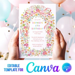 Pink Bow Floral Birthday Party Invitation, Pastel Birthday Girl Invite, Colorful Flowers, Rainbow Girl Party, Garden Party, Printable, Canva