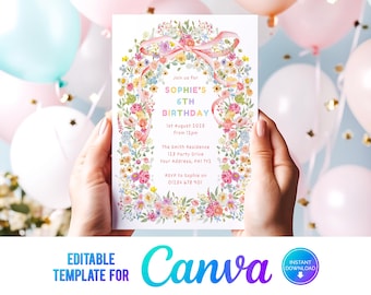 Pink Bow Floral Birthday Party Invitation, Pastel Birthday Girl Invite, Colorful Flowers, Rainbow Girl Party, Garden Party, Printable, Canva