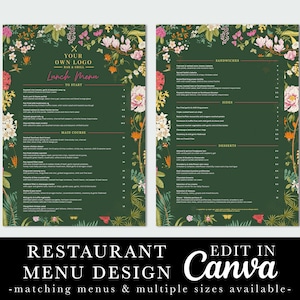 Diseño de menú de restaurante, menú verde, follaje, menú de restaurante floral, plantilla editable, plantilla Canva, menú de cafetería, menú de cócteles de bar
