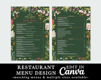 Restaurant Menu Design, Greenery Menu, Foliage, Floral Restaurant Menu, Editable Template, Canva Template, Cafe Menu, Bar Cocktail Menu