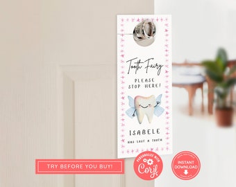 Tooth Fairy Door Hanger, Pink Tooth Fairy, Please Stop Here, Pink Fairy Door Hanger Template, Print at Home Instant Download, Lost Tooth