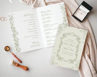 Canva Sage Green and White Floral Folded Wedding Program, Floral Wedding, Vintage Victorian Style, Template, Order of Service Booklet, TS