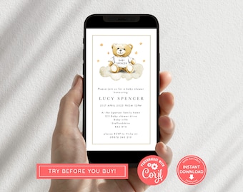 Editable Gender Neutral Bear Baby Shower Phone Invitation, Neutral Bear Evite, We Can Bearly Wait Baby Shower Invite, Brown Boho Bear BB