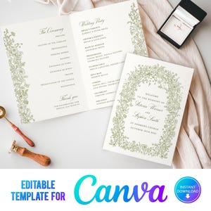 Peut inclure: Modèle de programme de cérémonie de mariage éditable pour Canva. Le modèle présente une bordure florale dans un schéma de couleurs vert et blanc. Le texte comprend les noms "Victoria Marmer" et "Stephen Smith" ainsi que la date "15 octobre 2023".