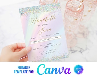 Invitación holográfica con brillantina de Canva, invitación de cumpleaños para niña en tonos pastel, invitación brillante, mágica, fiesta bonita, invitación para niña, plantilla imprimible