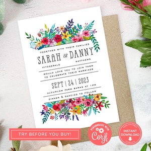 Set di inviti di nozze modificabili con fiori colorati, download istantaneo, modello di invito di nozze, invito floreale colorato, fiori luminosi, BC